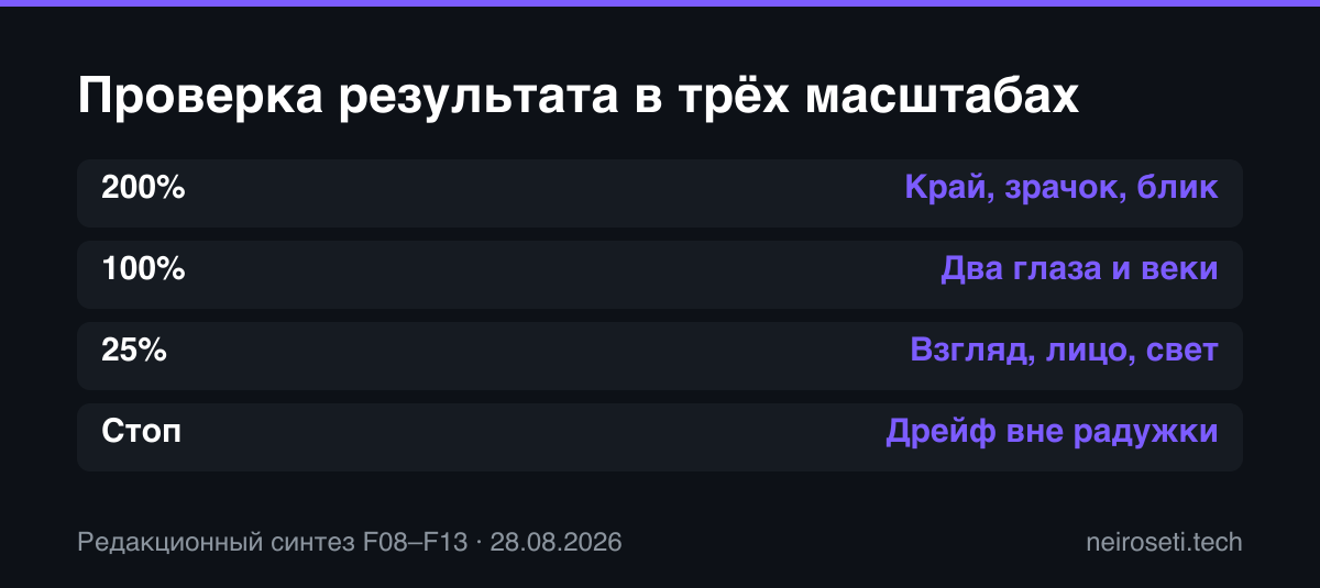 Проверка цвета глаз после нейросети в масштабах 200, 100 и 25 процентов