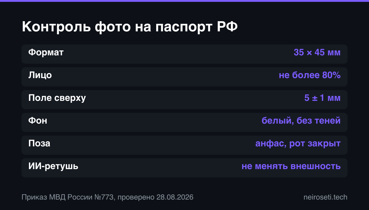 Размер фото, доля лица, верхнее поле, фон, поза и запрет ИИ-ретуши
