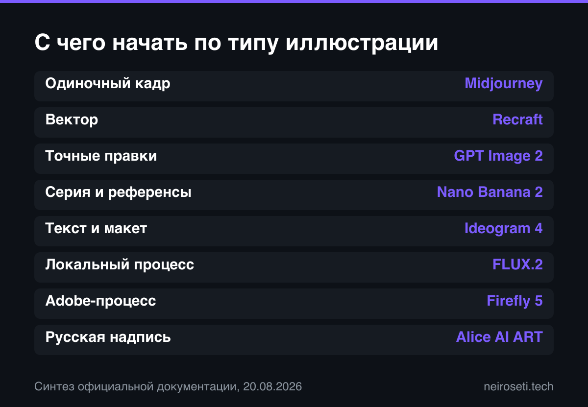 Матрица выбора нейросети по типу иллюстрации и рабочему процессу.