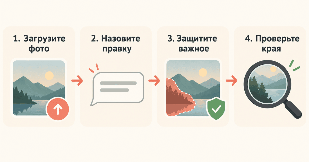 Схема из четырёх шагов для редактирования фотографии нейросетью