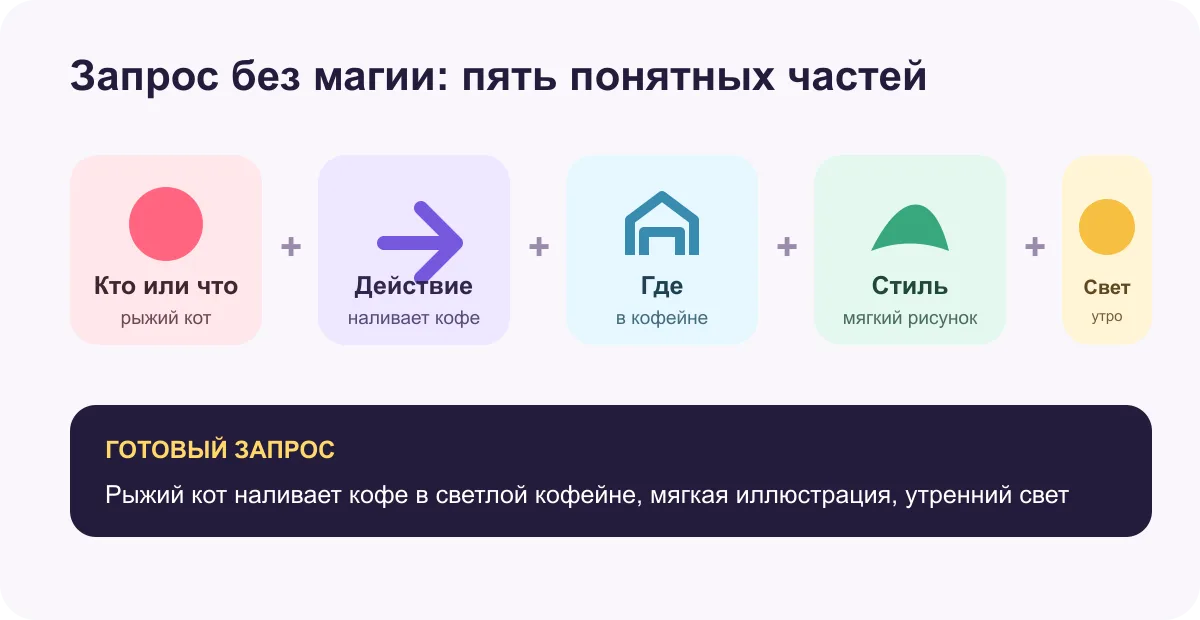Формула запроса для нейросети Шедеврум из пяти частей