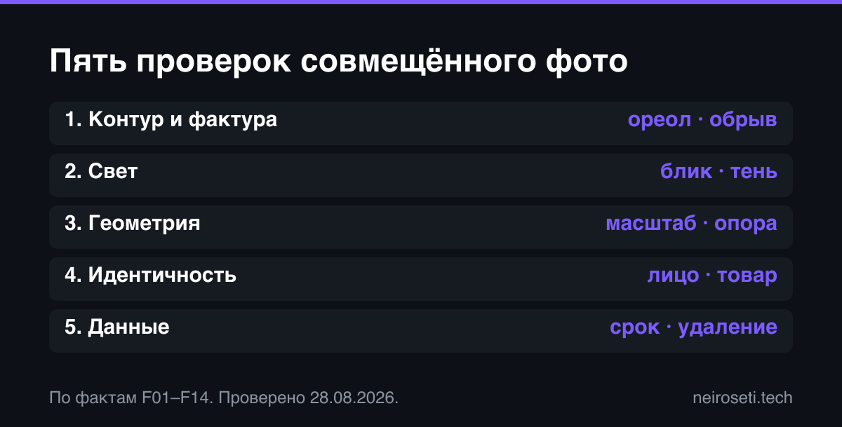 Пять проверок совмещённого фото: контур, свет, геометрия, идентичность и данные