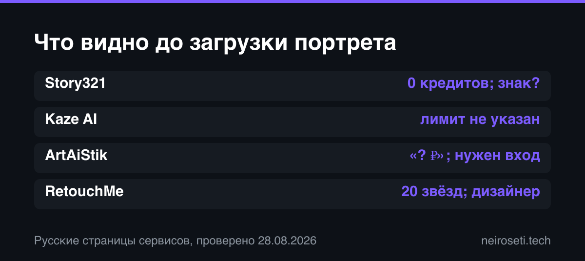 Наблюдаемые ограничения Story321, Kaze AI, ArtAiStik и RetouchMe