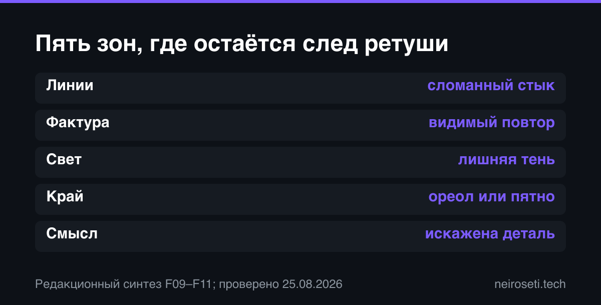 Пять зон проверки после удаления объекта: линии, фактура, свет, край маски и смысловые детали