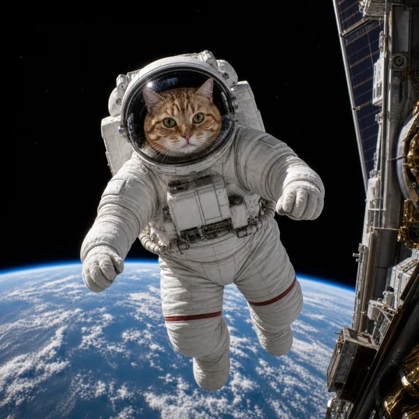 Кот-космонавт на орбите, сгенерированный нейросетью